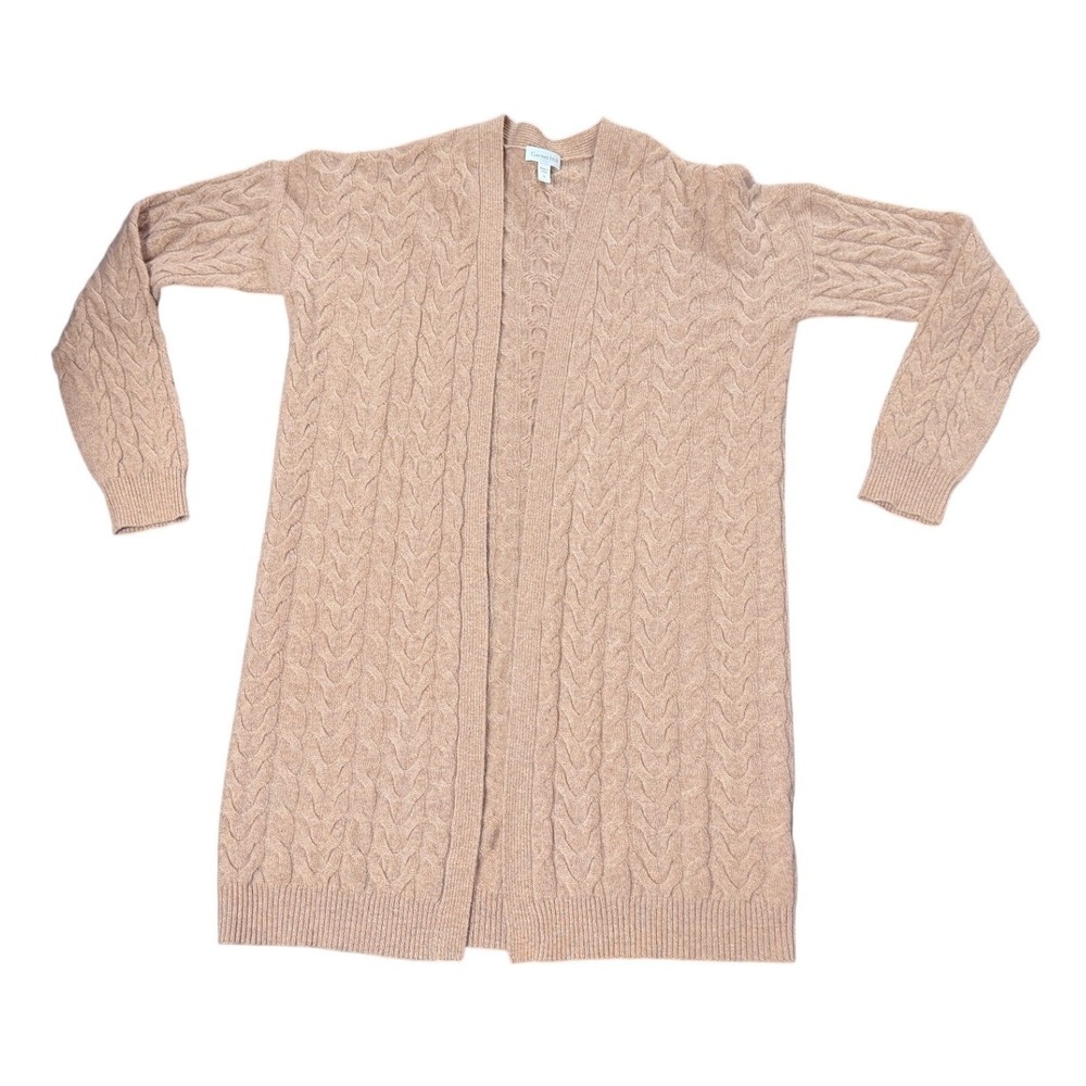 Garnet Hill 100% Cashmere Cable Knit Longline Cardigan Tan Camel SLuxury Costal